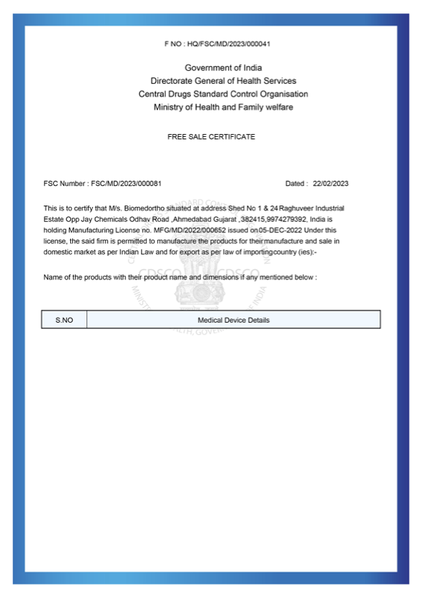 Free Sale Certificate